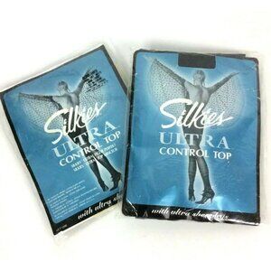Silkies Ultra Control Top 2 Pair Pantyhose Size Large 1 Black 1 Ivory Sandalfoot